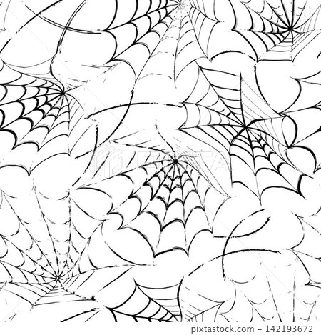 Halloween seamless pattern with stretched torn spider web in grunge style. Rough outline illustration in grunge style. Black contour design element on transparent background Halloween seamless pattern with stretched torn spider web in grunge style. Rough outline illustration in grunge style. Black contour design element on transparent background 142193672