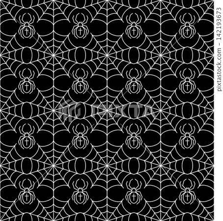 Halloween seamless pattern with spider between spider web. Geometric arrangement in rows. Simple style, white outline icons on black background. Halloween seamless pattern with spider between spider web. Geometric arrangement in rows. Simple style, white outline icons on black background. 142193673