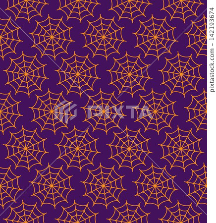 Halloween seamless pattern with spider web icon. Simple style, orange outline icons on purple background. Diagonal alignment of objects. Halloween seamless pattern with spider web icon. Simple style, orange outline icons on purple background. Diagonal alignment of objects. 142193674