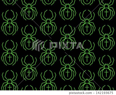 Halloween seamless pattern with spider icon. Linear alignment in vertical columns. Green outline icons on black background. Simple style. Halloween seamless pattern with spider icon. Linear alignment in vertical columns. Green outline icons on black background. Simple style. 142193675