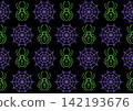 Halloween seamless pattern with spider and spider web icons. Alternating geometric grid on black background. Simple vector line art. 142193676