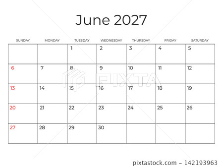 June 2027 calendar template. Week Starts on SUNDAY. Printable monthly schedule in a minimalist style on transparent background. Simple and clean design. Vector June 2027 calendar template. Week Starts on SUNDAY. Printable monthly schedule in a minimalist style on transparent background. Simple and clean design. Vector 142193963