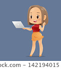 Cute cartoon woman holding laptop presenting vector illustration 142194015
