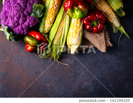 Corn, pepper, cauliflower and zucchini, farm vegetables Corn, pepper, cauliflower and zucchini, farm vegetables 142194283