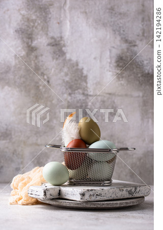 Farm blue, green and brown chicken eggs 142194286