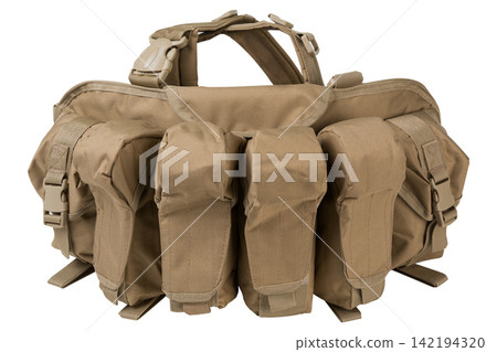 Coyote brown tactical chest rig isolated on white background. Military magazine pouch vest front view Coyote brown tactical chest rig isolated on white background. Military magazine pouch vest front view 142194320