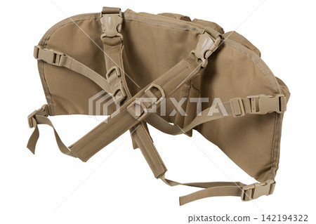 Tactical chest rig back view isolated on white background. Military harness system with shoulder straps and buckles Tactical chest rig back view isolated on white background. Military harness system with shoulder straps and buckles 142194322