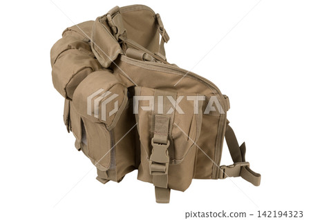 Coyote tactical chest rig side view isolated on white background. Military ammo magazine vest angle shot Coyote tactical chest rig side view isolated on white background. Military ammo magazine vest angle shot 142194323