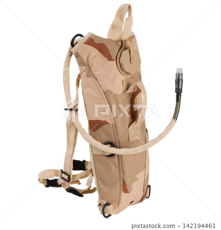 Desert camouflage tactical hydration pack side view isolated on white background. Military water carrier system Desert camouflage tactical hydration pack side view isolated on white background. Military water carrier system 142194461