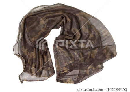 Tactical camouflage mesh scarf draped on white background. Military sniper veil scrim net isolated Tactical camouflage mesh scarf draped on white background. Military sniper veil scrim net isolated 142194490