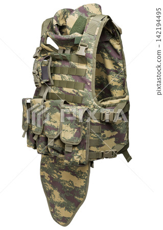 Tactical body armor vest with groin protector isolated on white background. Camouflage military plate carrier three quarter view Tactical body armor vest with groin protector isolated on white background. Camouflage military plate carrier three quarter view 142194495