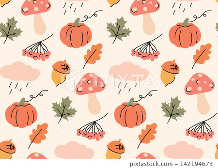 Vector fall seamless pattern in a naive drawing style. Autumn texture with mushroom, pumpkin, berries Vector fall seamless pattern in a naive drawing style. Autumn texture with mushroom, pumpkin, berries 142194673