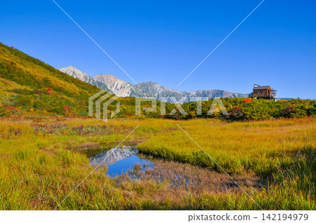 在一個晴朗的秋日早晨，藍天空和白馬三峰的山脈美麗地倒映在黑菱平的池塘水中。 142194979