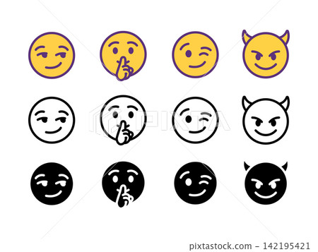 Smirk winks shush and devil emoji face icon set outline silhouette and color vector isolated on white background 142195421