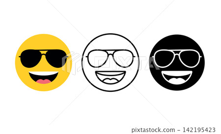 Cool face with sunglasses emoji emotion icon set outline silhouette and color vector isolated on white background Cool face with sunglasses emoji emotion icon set outline silhouette and color vector isolated on white background 142195423