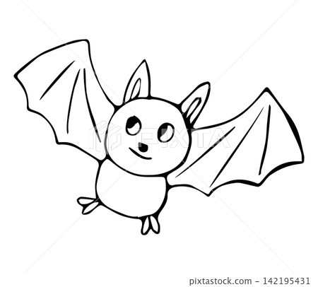 Cute Hand Drawn Cartoon Bat Character with Spread Wings Line Art Doodle Illustration for Halloween Design 142195431