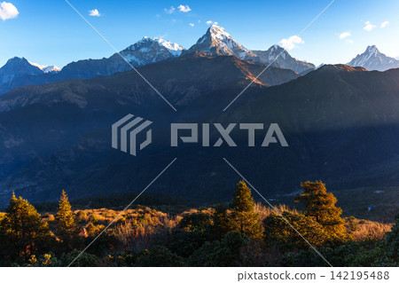 The breathtaking view of Annapurna South and Machhapuchhre in the rising sun from Poon Hill, Nepal. The breathtaking view of Annapurna South and Machhapuchhre in the rising sun from Poon Hill, Nepal. 142195488