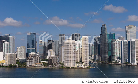 Aerial view of Brickell skyline in downtown Miami. Scenic panorama of Brickell financial district. Brickell in Miami city. Aerial view of Brickell skyline in downtown Miami. Scenic panorama of Brickell financial district. Brickell in Miami city. 142195660