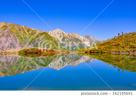 On a clear autumn morning, the Hakuba mountain range is perfectly reflected in the vast, mirror-like surface of Happo Pond, creating a scene of stunning scenery and the presence of hikers. On a clear autumn morning, the Hakuba mountain range is perfectly reflected in the vast, mirror-like surface of Happo Pond, creating a scene of stunning scenery and the presence of hikers. 142195691