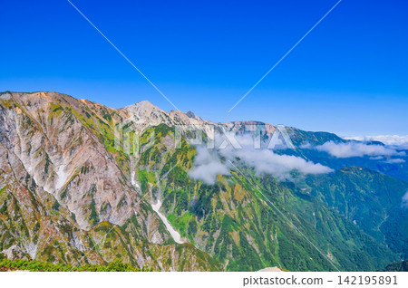 在一個晴朗的秋日早晨，從唐松山的登山道上可以看到白馬三峰山脈，天空湛藍如洗。 142195891