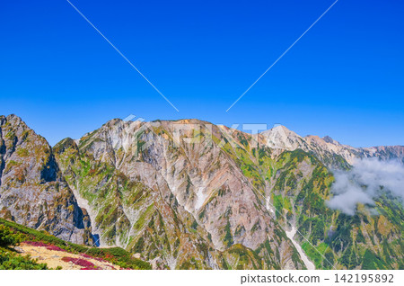 在一個晴朗的秋日早晨,從唐松山的登山道上可以看到白馬三峰山脈,天空湛藍如洗。 在一個晴朗的秋日早晨,從唐松山的登山道上可以看到白馬三峰山脈,天空湛藍如洗。 142195892