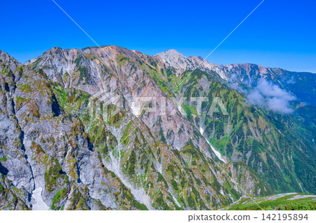 在一個晴朗的秋日早晨,從唐松山的登山道上可以看到白馬三峰山脈,天空湛藍如洗。 在一個晴朗的秋日早晨,從唐松山的登山道上可以看到白馬三峰山脈,天空湛藍如洗。 142195894
