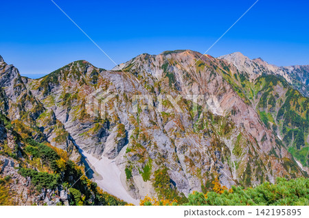 在一個晴朗的秋日早晨，從唐松山的登山道上可以看到白馬三峰山脈，天空湛藍如洗。 142195895