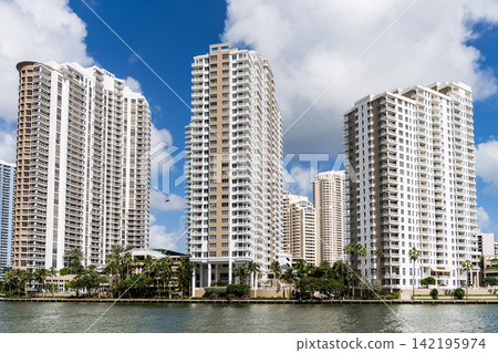 Aerial view of Brickell skyline in downtown Miami. Skyscrapers above Miami. Scenic panorama of Miamis financial district. Brickell in Miami city. Miami Urban landscape with buildings cityscape. 142195974