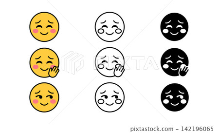 Shy blushing emoji face icon set outline silhouette and color vector isolated on white background Shy blushing emoji face icon set outline silhouette and color vector isolated on white background 142196065