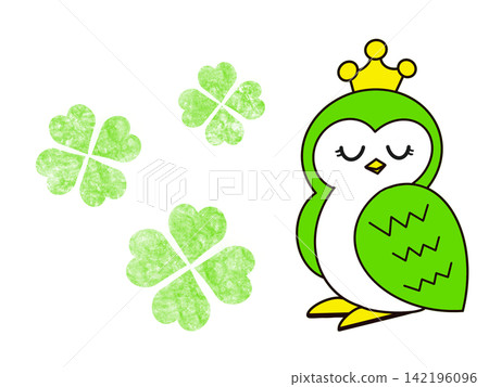 A light green clover and an owl wearing a crown are dozing off. 142196096