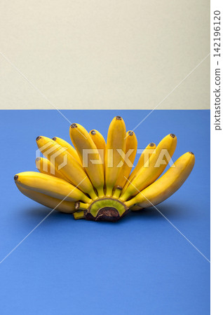 Yellow, ripe mini bananas on a colorful background. Yellow, ripe mini bananas on a colorful background. 142196120