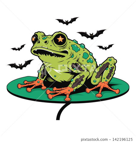 This image shows a zombie frog with star-shaped eyes sitting on a lily pad, surrounded by flying black bats This image shows a zombie frog with star-shaped eyes sitting on a lily pad, surrounded by flying black bats 142196125