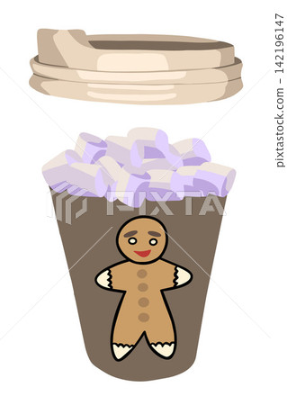Vector isolated illustration of a takeaway drink with marshmallows.Christmas hot drink. 142196147