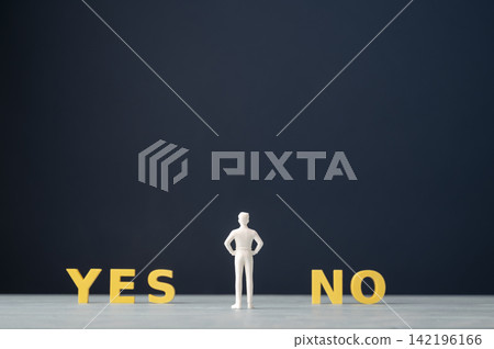 Yes or no decision concept with person choosing between two options Yes or no decision concept with person choosing between two options 142196166