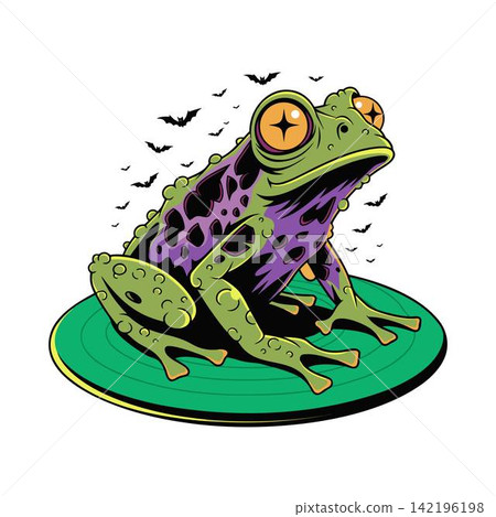 This digital vector illustration in a neo-traditional style depicts a vibrant green and purple frog with hypnotic, star-shaped eyes 142196198