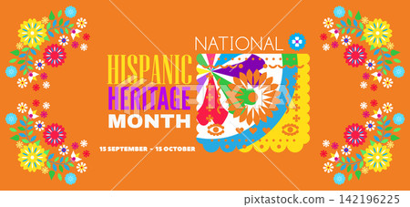 National Hispanic heritage month greeting card with papel picado, guitar Hispanic and Latino Americans culture, event Celebrate annual in United States Vector illustration template background National Hispanic heritage month greeting card with papel picado, guitar Hispanic and Latino Americans culture, event Celebrate annual in United States Vector illustration template background 142196225