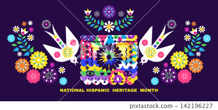 National Hispanic heritage month greeting card with papel picado, guitar Hispanic and Latino Americans culture, event Celebrate annual in United States Vector illustration template background National Hispanic heritage month greeting card with papel picado, guitar Hispanic and Latino Americans culture, event Celebrate annual in United States Vector illustration template background 142196227