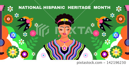 National Hispanic heritage month greeting card with papel picado, guitar Hispanic and Latino Americans culture, event Celebrate annual in United States Vector illustration template background National Hispanic heritage month greeting card with papel picado, guitar Hispanic and Latino Americans culture, event Celebrate annual in United States Vector illustration template background 142196230