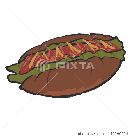 Cartoon-style hot dog illustration / Transparent PNG / Pop-style food image 142196354