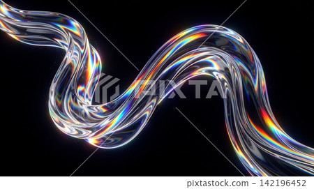 Premium 3D render of a flowing liquid glass ribbon with rainbow light dispersion on a black background for high end tech and OLED wallpapers Premium 3D render of a flowing liquid glass ribbon with rainbow light dispersion on a black background for high end tech and OLED wallpapers 142196452