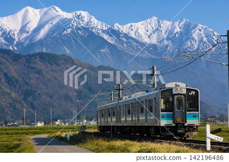 A Series 127 train speeding along with the Northern Alps in the background. A Series 127 train speeding along with the Northern Alps in the background. 142196486