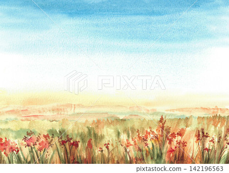 Autumn field with red, orange wildflowers, green grasses, yellow flowers and blue sky. Hand painted watercolor landscape background Isolated illustration for card, poster fall coloured nature meadow. 142196563