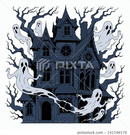 This is a spooky Halloween-themed vector illustration depicting a dark, gothic haunted mansion This is a spooky Halloween-themed vector illustration depicting a dark, gothic haunted mansion 142196578