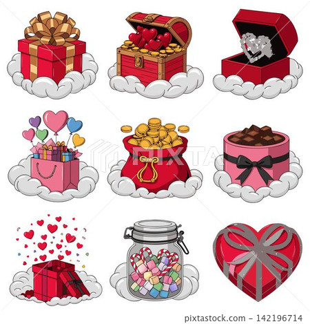 The image shows a collection of nine cute icons and vector illustrations in a cartoon style The image shows a collection of nine cute icons and vector illustrations in a cartoon style 142196714