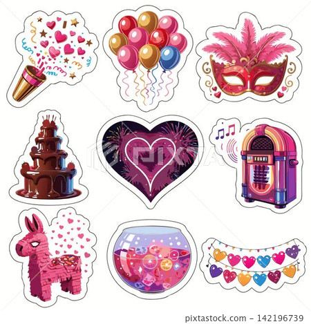 The image shows a set of nine colorful cartoon-style stickers dedicated to holidays and parties The image shows a set of nine colorful cartoon-style stickers dedicated to holidays and parties 142196739