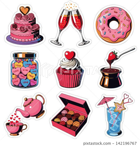 This image features a collection of cute, cartoon-style vector stickers depicting romantic and sweet Valentine's Day treats and drinks This image features a collection of cute, cartoon-style vector stickers depicting romantic and sweet Valentine's Day treats and drinks 142196767