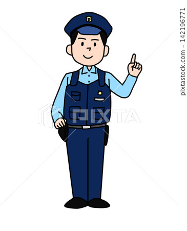 一名身穿制服的警察面帶微笑，指著某個重要的地方。 142196771