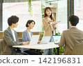 Four young Japanese men and women giving a presentation in the office. Four young Japanese men and women giving a presentation in the office. 142196831