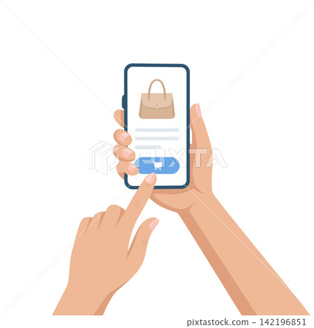 Mobile Shopping App, Vector Illustration. Hand Using Smartphone to Buy Handbag Online. Ecommerce Store Interface. Tap to Purchase. Online Shopping, Mobile Payment, Shop App, Digital Commerce Concept 142196851