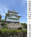 The castle tower gleams in the morning sun under a clear blue sky. 142196884